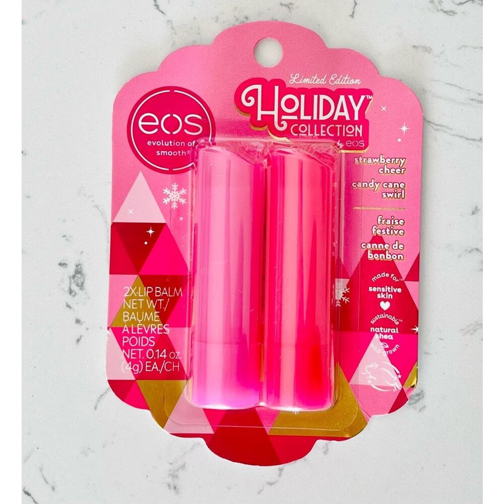 EOS Lip Balm Holiday Collection Strawberry Cheer Candy Cane Swirl LE Stick Set